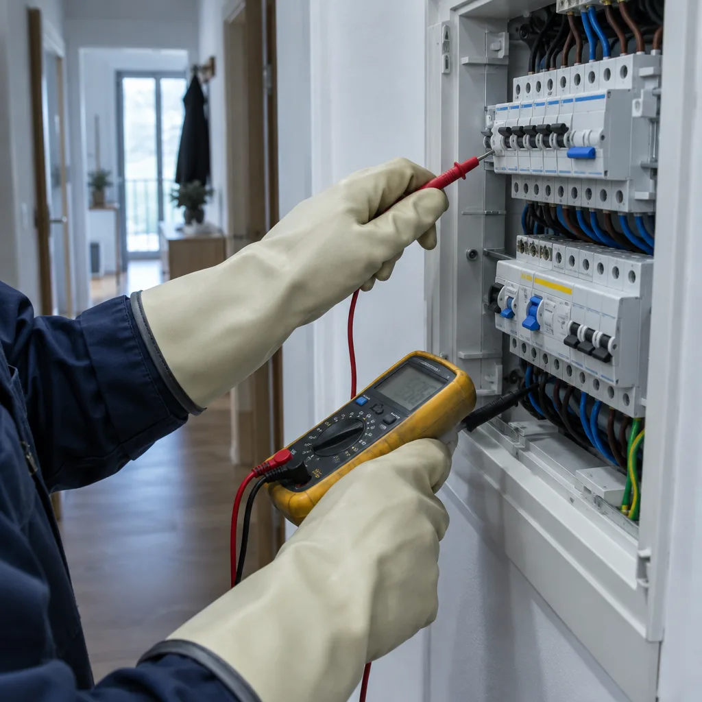 Elettricista con guanti isolanti che misura il quadro elettrico di un appartamento