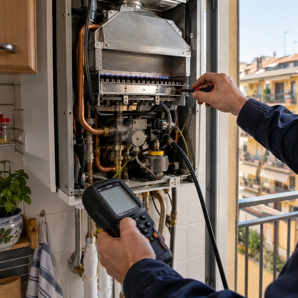 Tecnico che controlla una caldaia a gas aperta con l'analizzatore fumi, su un balcone di Palermo